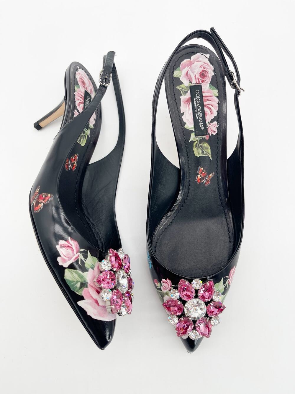 Dolce & Gabbana Black Rose Butterfly Crystal Pointed Toe Slingback Heels IT 40